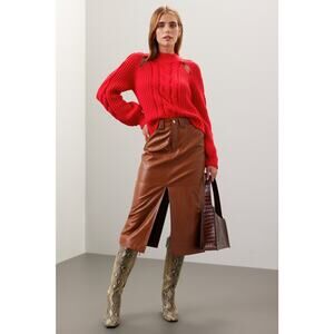 Louna Red Cable Knit Shoulder Cut Out Crewneck Pullover Sweater Size Large